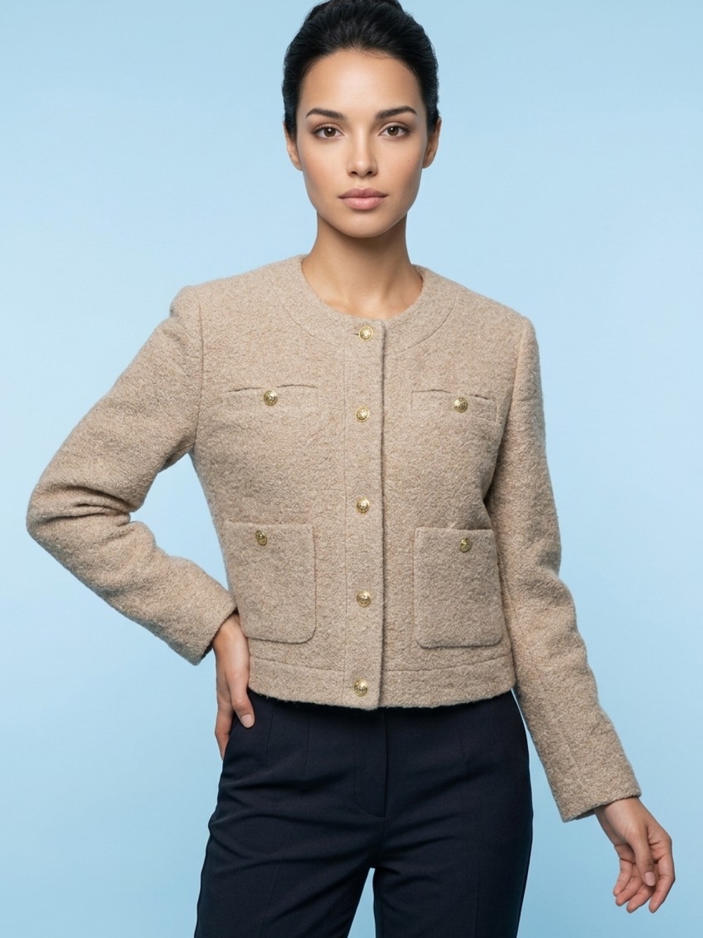 J. Crew Collection Neutral Beige Bouclé Gold-Button Cropped Jacket
